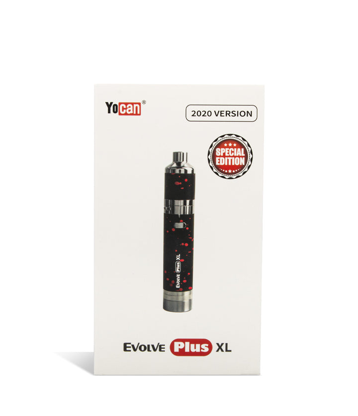 Black Red Spatter packaging Wulf Mods Evolve Plus XL Concentrate Vaporizer on white background