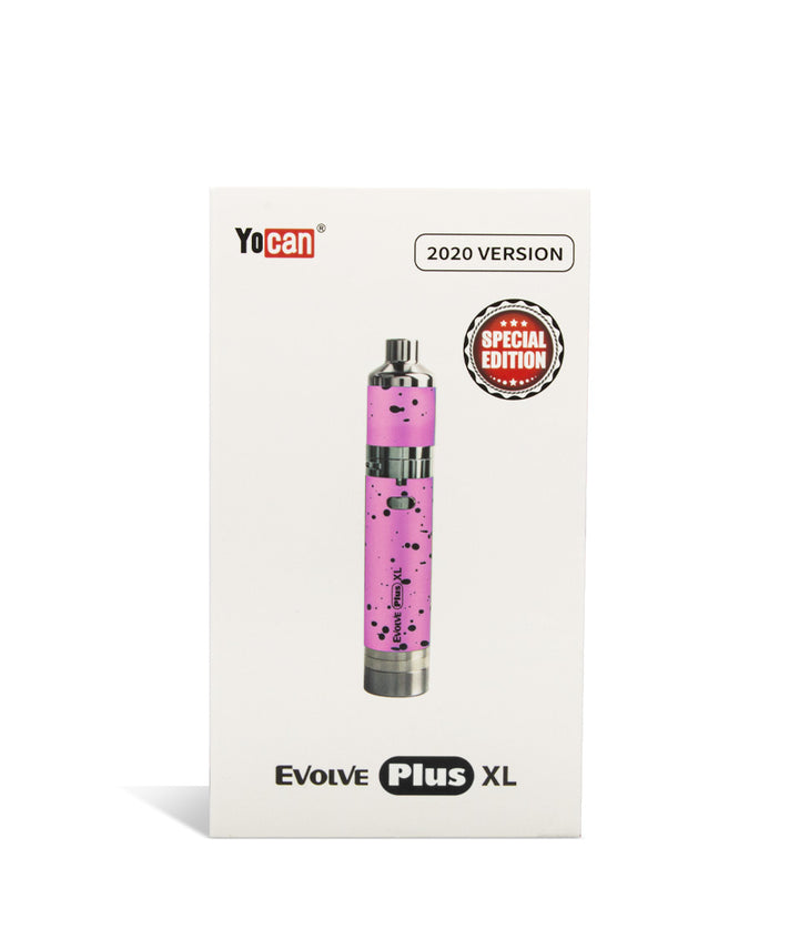 Pink Black Spatter packaging Wulf Mods Evolve Plus XL Concentrate Vaporizer on white background