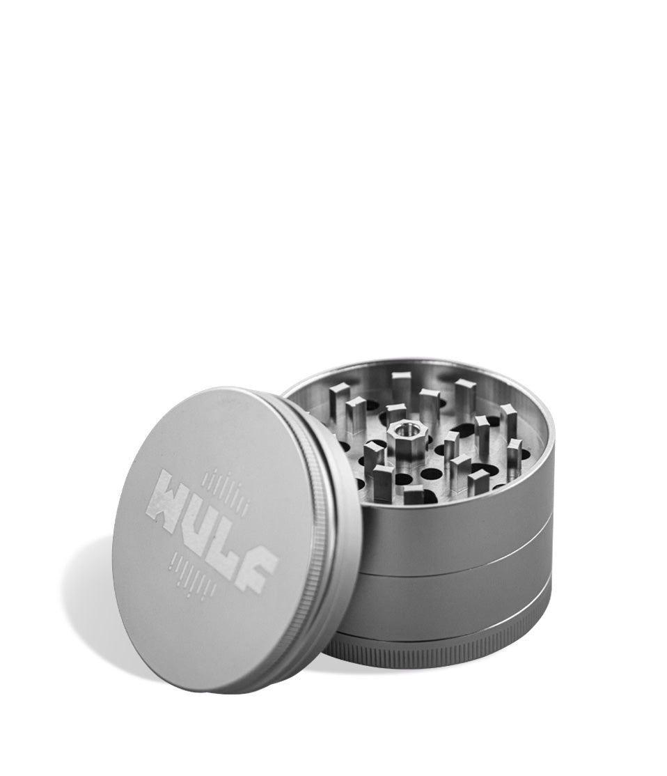 Titanium Wulf Mods 65mm 4pc Grinder Open View on White Background