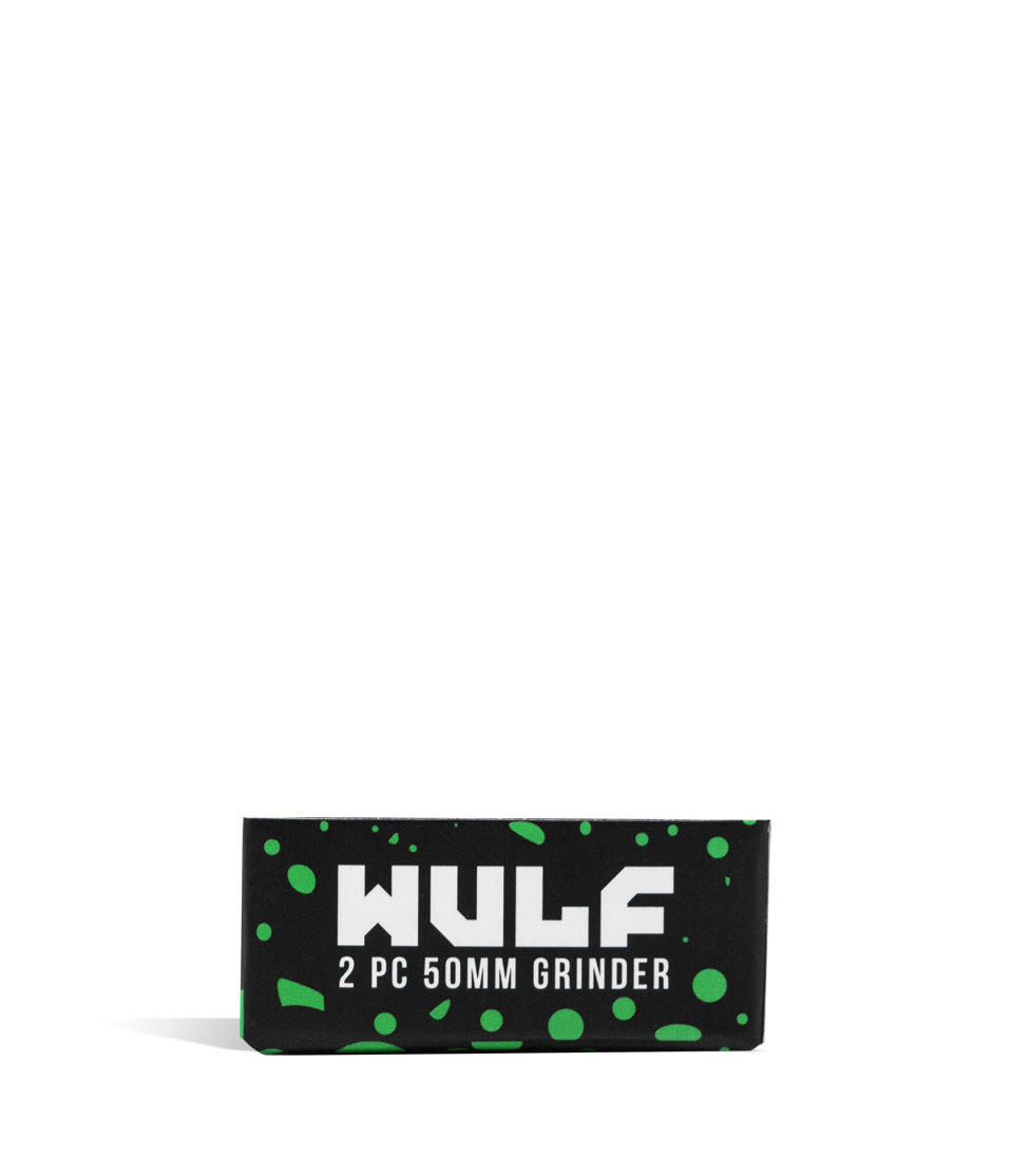 Black Green Spatter Wulf Mods 2pc 50mm Spatter Grinder Packaging Front View on White Background