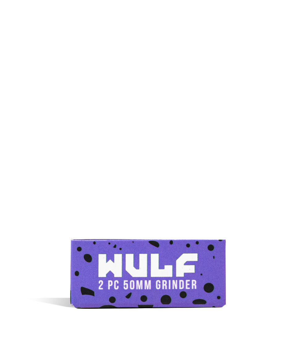 Purple Black Spatter Wulf Mods 2pc 50mm Spatter Grinder Packaging Front View on White Background