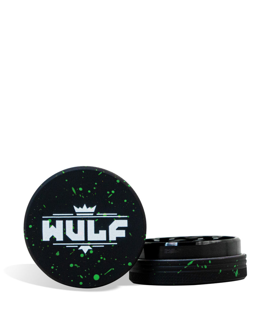 Black Green Spatter Wulf Mods 2pc 65mm Spatter Grinder Front View on White Background