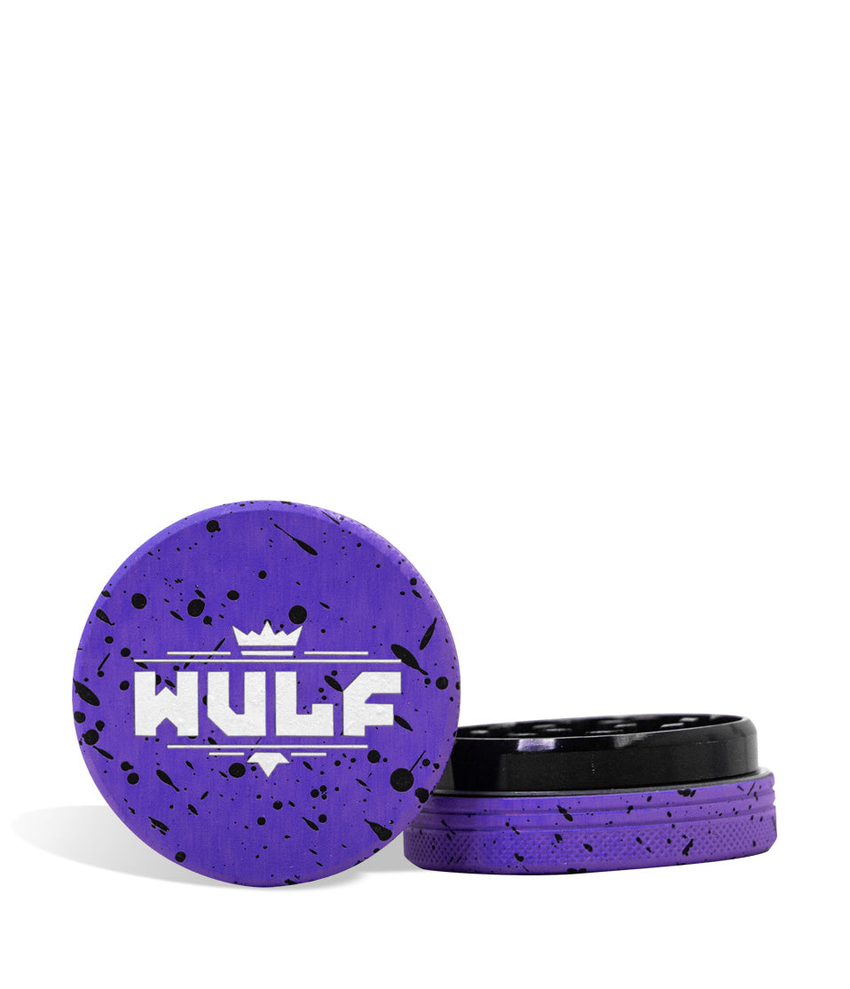 Purple Black Spatter Wulf Mods 2pc 65mm Spatter Grinder Front View on White Background