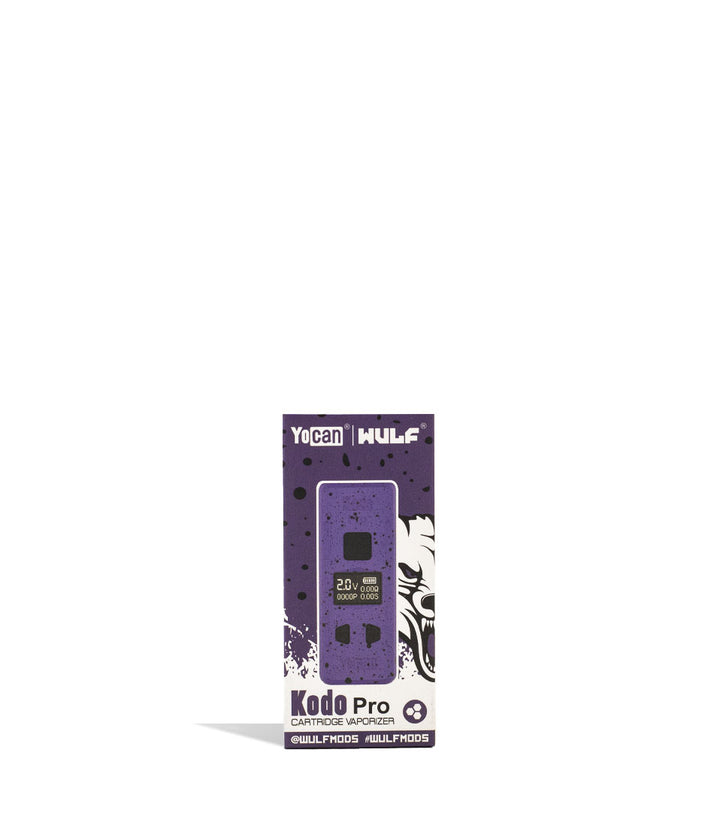 Purple Black Spatter packaging Wulf Mods KODO Pro Cartridge Vaporizer on white background