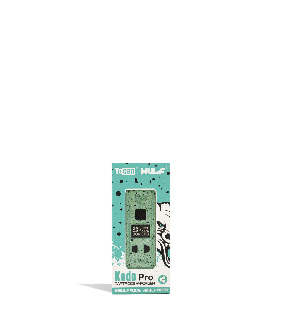 Teal Black Spatter packaging Wulf Mods KODO Pro Cartridge Vaporizer on white background