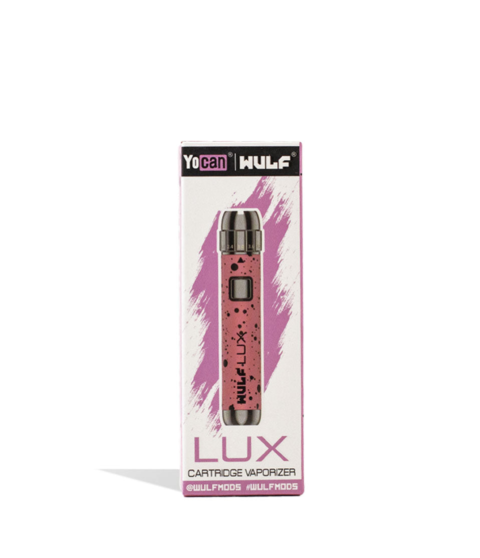 Pink Black Spatter packaging Wulf Mods LUX Cartridge Vaporizer on white background