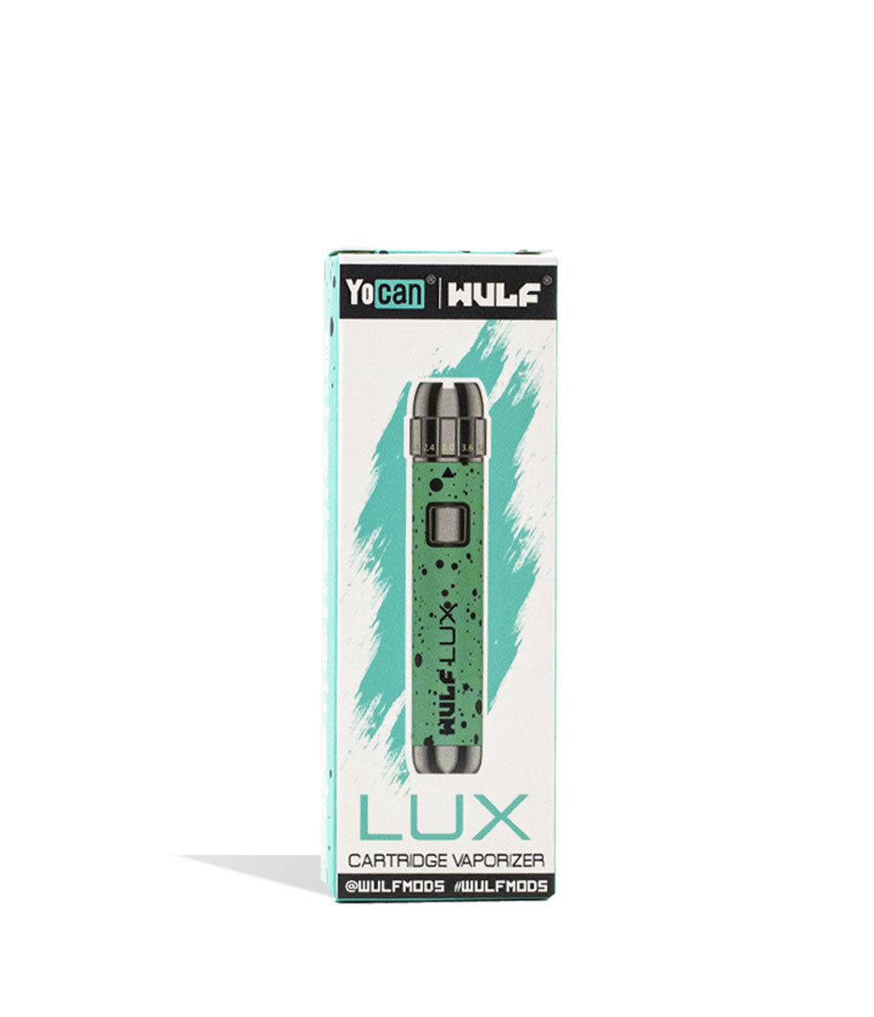 Teal Black Spatter packaging Wulf Mods LUX Cartridge Vaporizer on white background