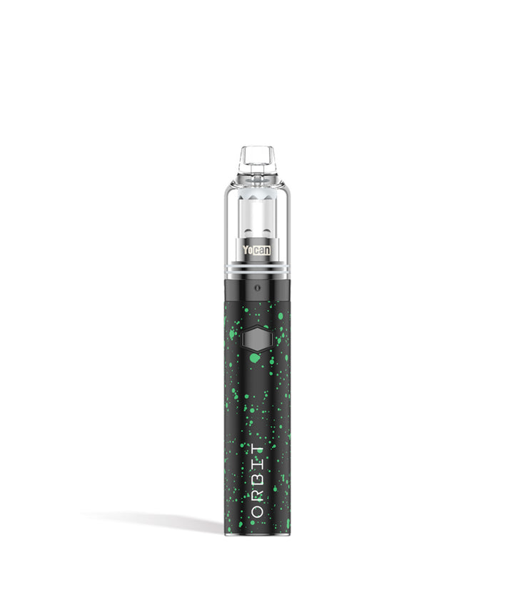 Black Green Spatter Wulf Mods Orbit Concentrate Vaporizer on white background