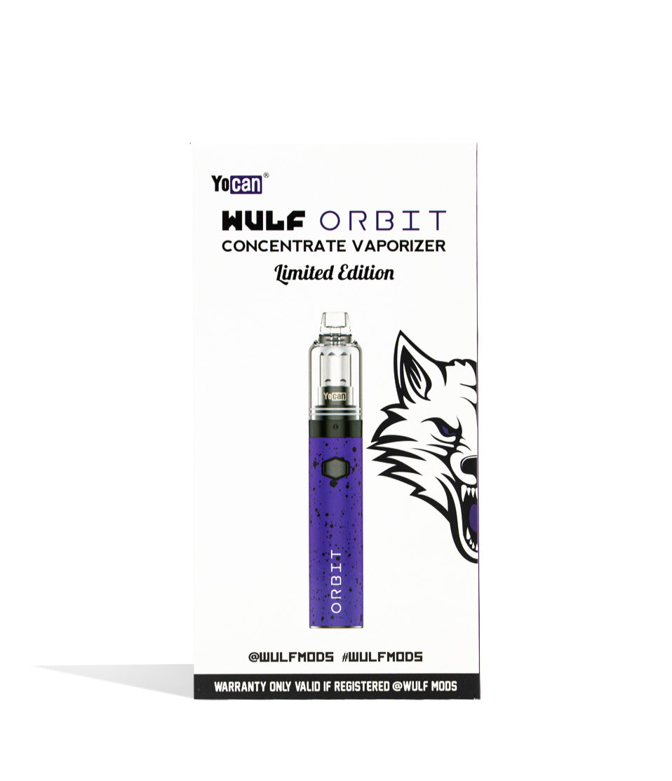 Purple Black Spatter packaging Wulf Mods Orbit Concentrate Vaporizer on white background