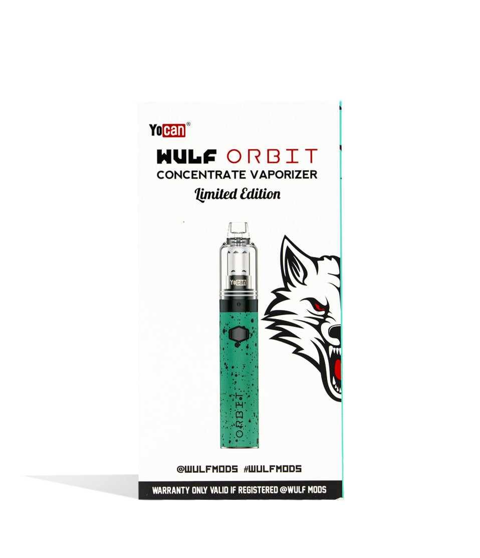 Teal Black Spatter packaging Wulf Mods Orbit Concentrate Vaporizer on white background