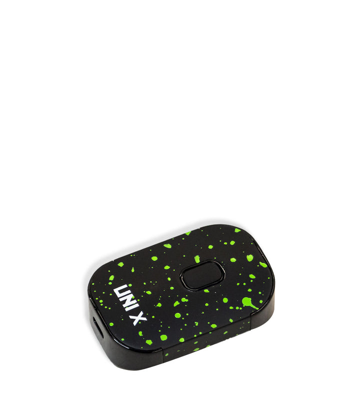 Black Green Spatter laying down Wulf Mods UNI X Cartridge Vaporizer on white background