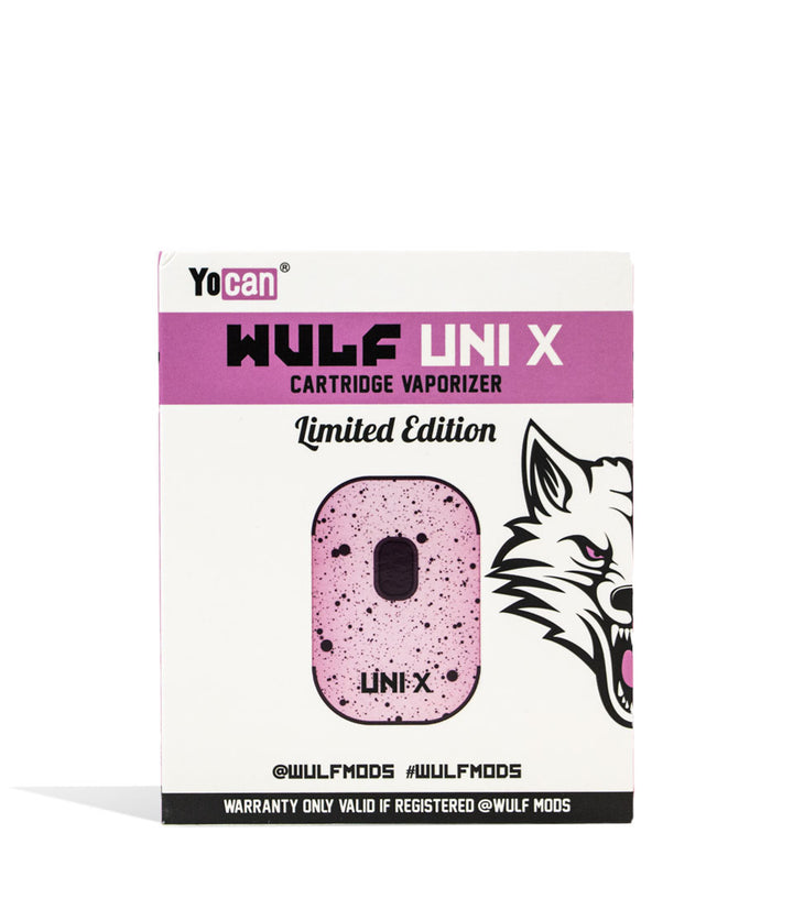 Pink Black Spatter packaging Wulf Mods UNI X Cartridge Vaporizer on white background